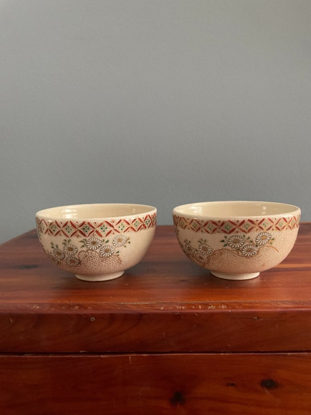 Vintage Japanese Satsuma Low Tea Matcha Cups Floral Gold Set of 2